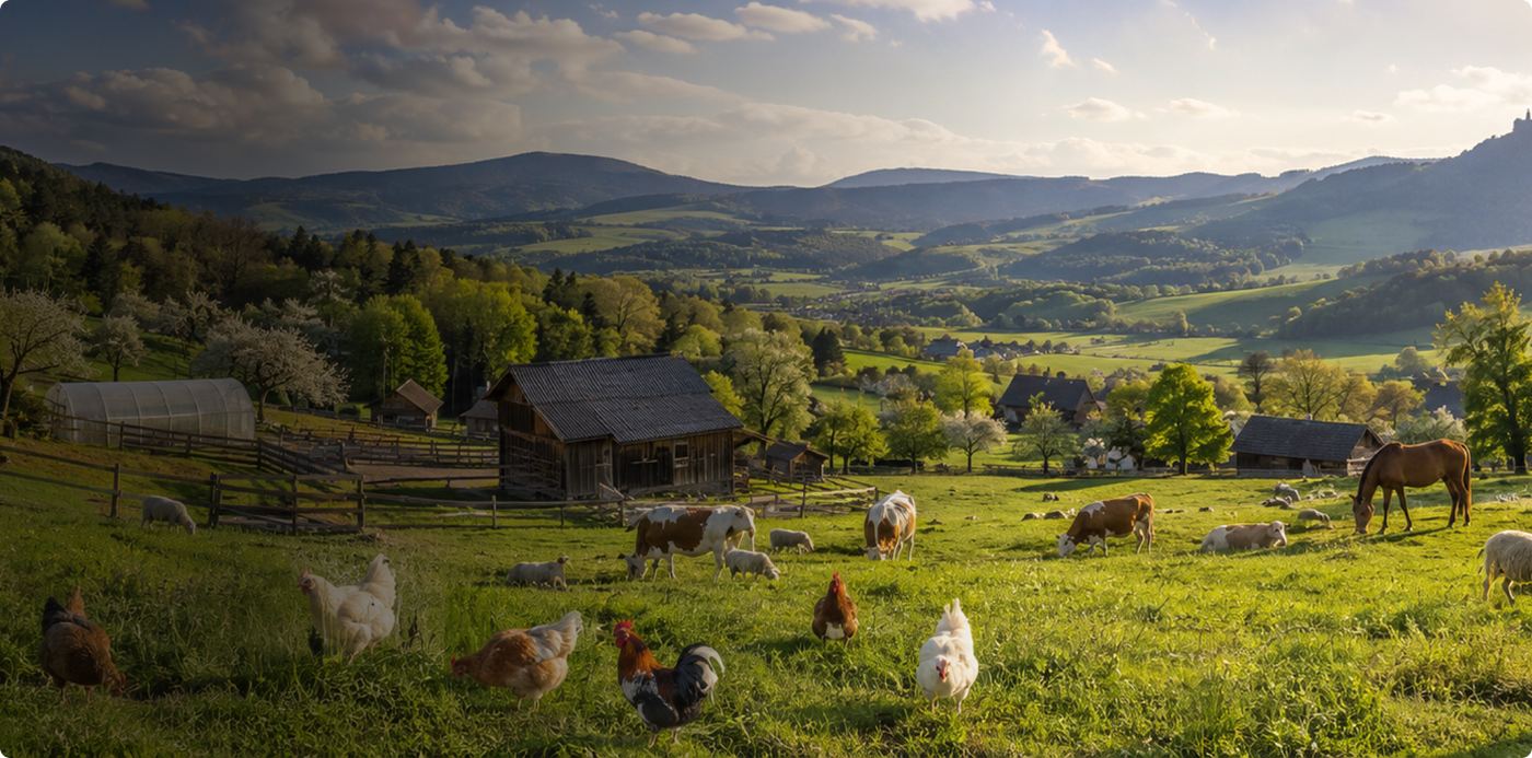 Farma Hůrka — venkovská farma s koňmi v krásné krajině